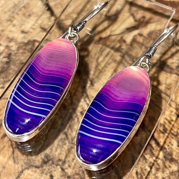 Purple-Pink Botswana Agate Earrings 2” - Picture 6 of 11